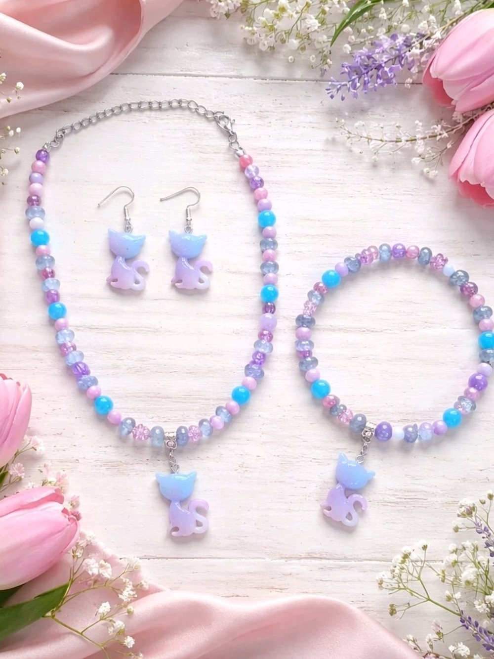 Pastel Blue & Purple Cat Necklace, Bracelet & Earring Set